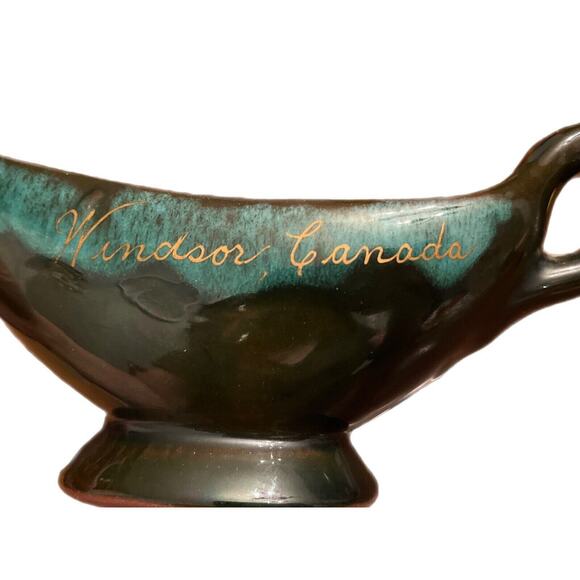 Vtg Redware Pottery Teal Drip Glaze Travel Souvenir Windsor Canada Gravy Boat - Picture 2 of 6